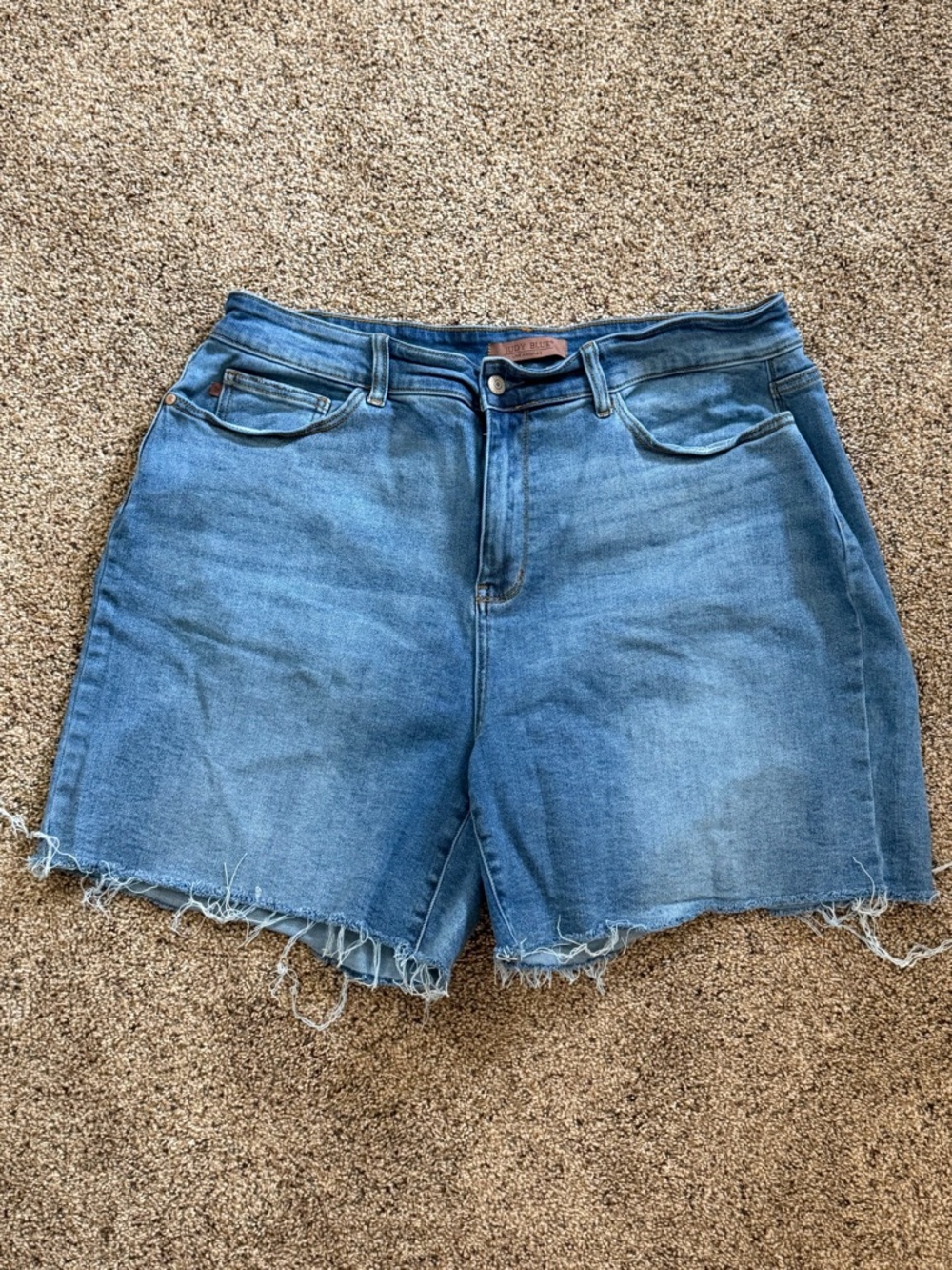 Judy Blue Medium Blue High-Rise Distressed Hem Denim Shorts